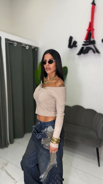 Maglia Crop in Lana a Costine con Scollo a Barca e Zip