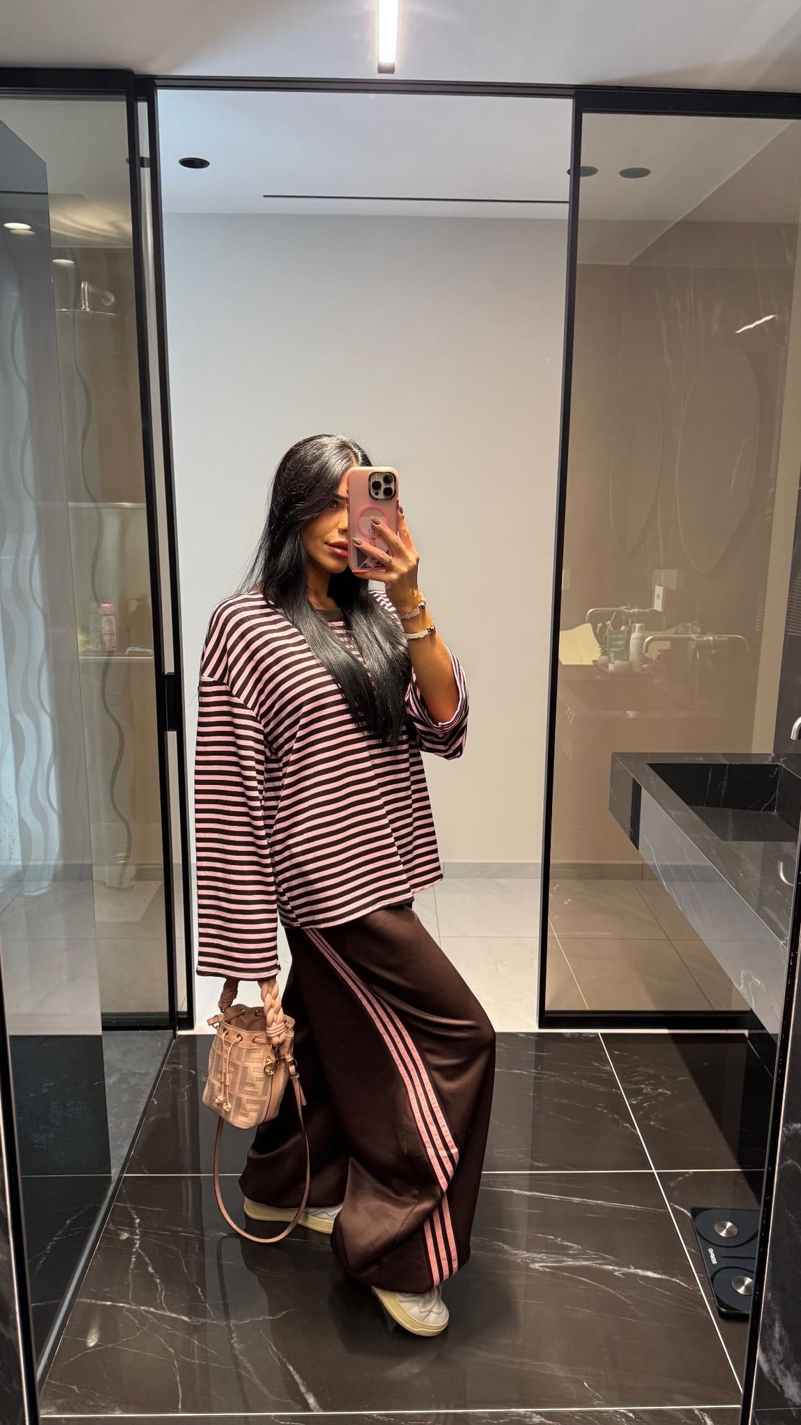 Pantalone Balloon Marrone banda Rosa