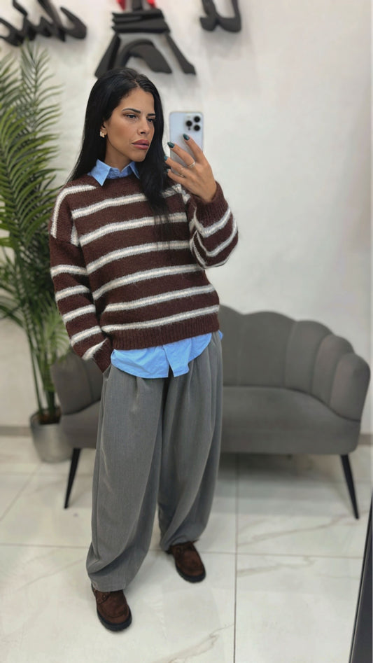 Pull in lana a righe marrone