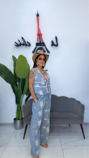 Coordinato con Gilet Ricamato - Azzurro