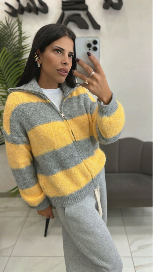 Pull con zip a righe giallo