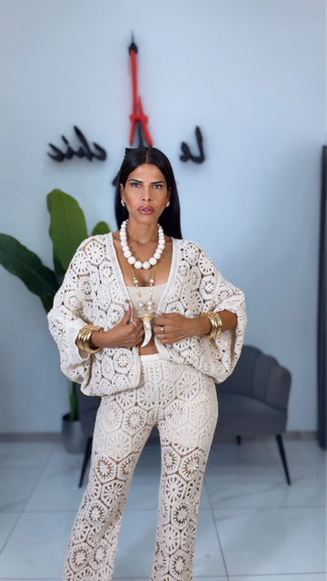 Cardigan Crochet Boho Over - Beige