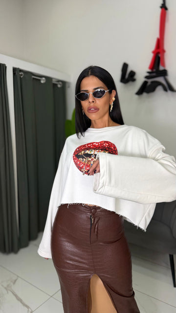 Felpa Crop con Stampa Lips