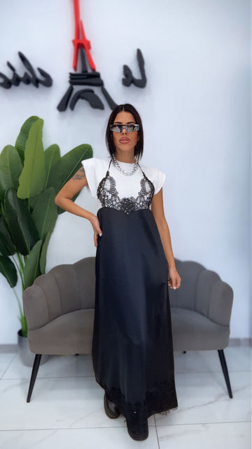 Abito satin con top in pizzo
