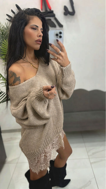 Maxi Maglia in Lana con Pizzo
