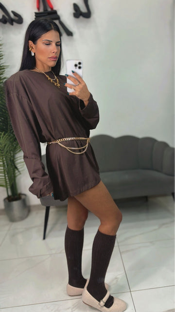 Maglia Over Lunga con Spallina Marrone