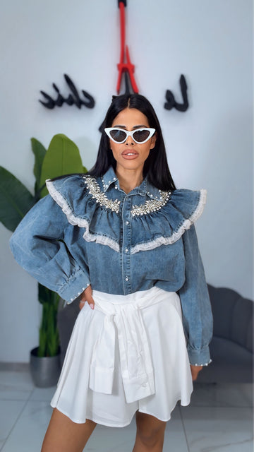 Camicia Over Denim con Colletto Gioiello