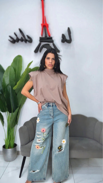 Jeans Vita Alta con Fiori