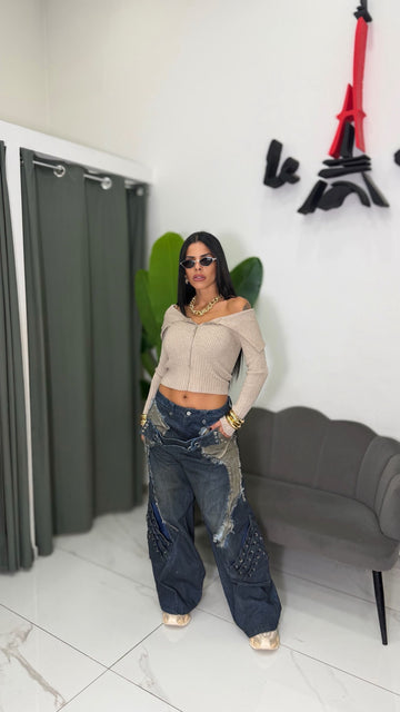 Jeans Wide Leg Destroyed con Borchie