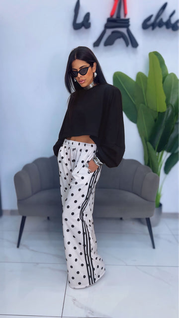 Pantalone Pois con Bande Laterali - Bianco