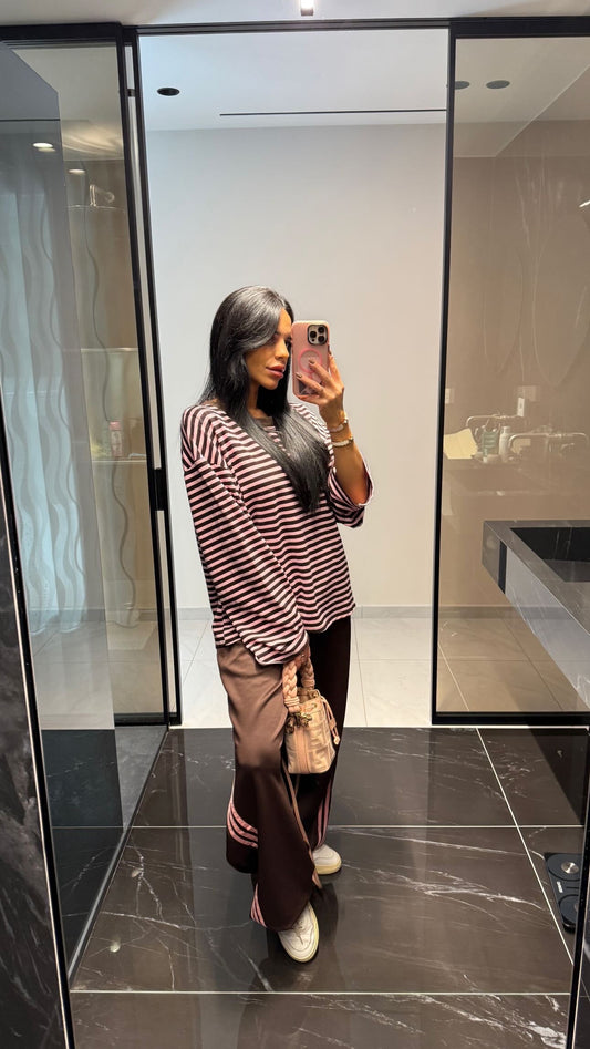 Felpa a Righe Marrone e Rosa