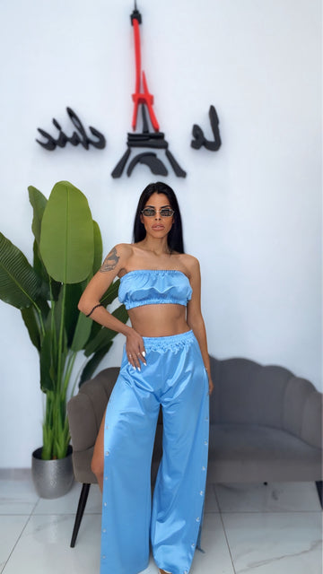 Pantalone Satin Side Buttons - Azzurro
